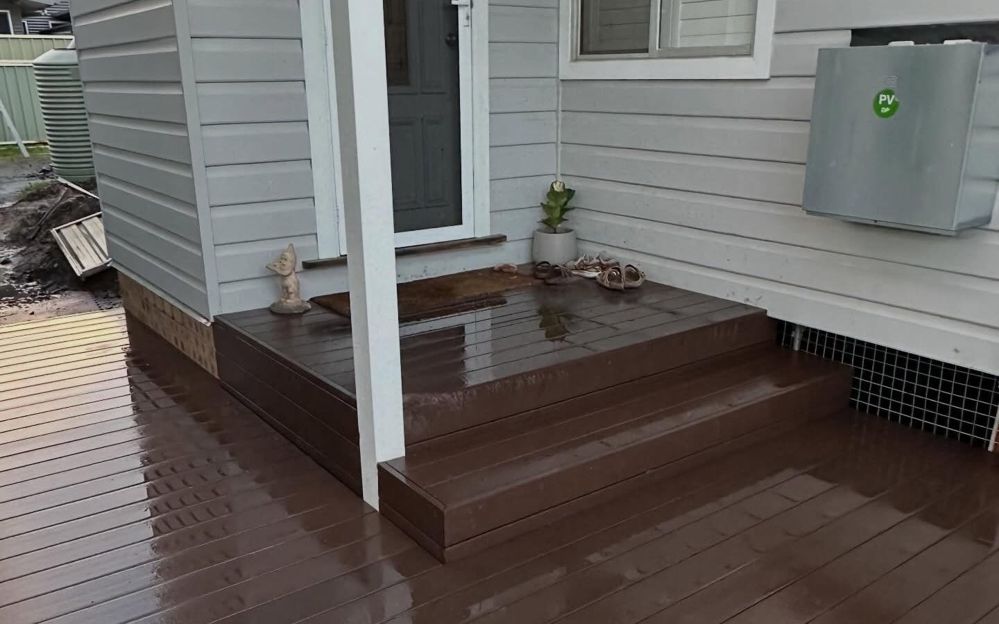 Deck landing after rain.